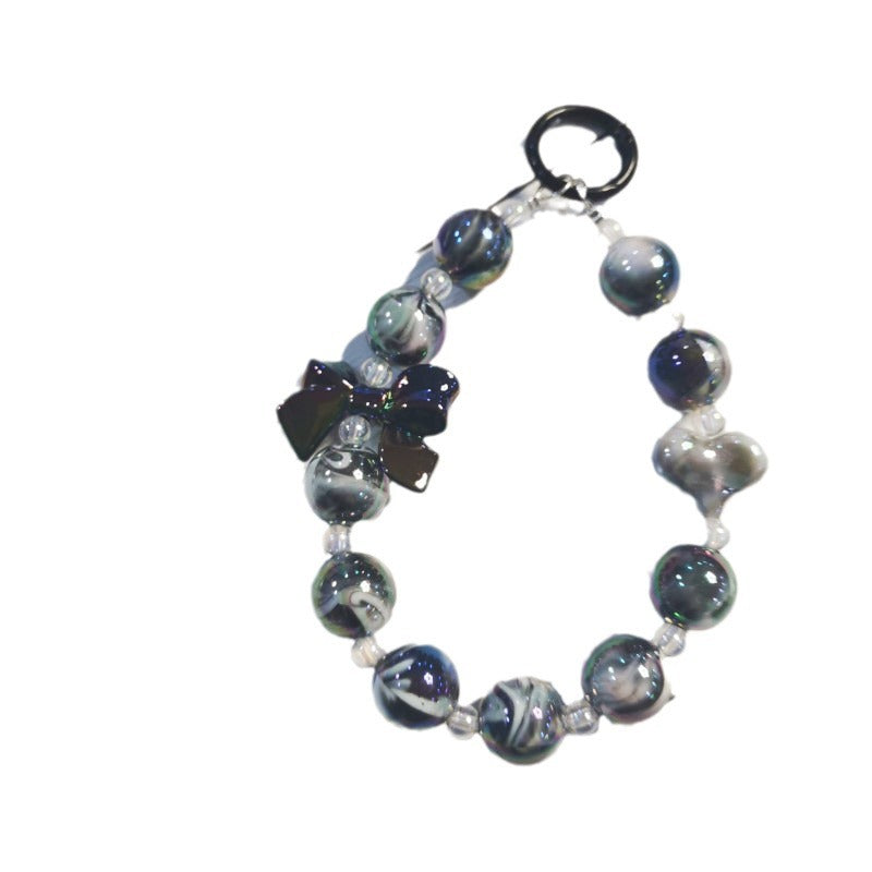 Wholesale Electroplated beaded bow car key chain mobile phone pendant cute candy color paint ring pearl accessories bag